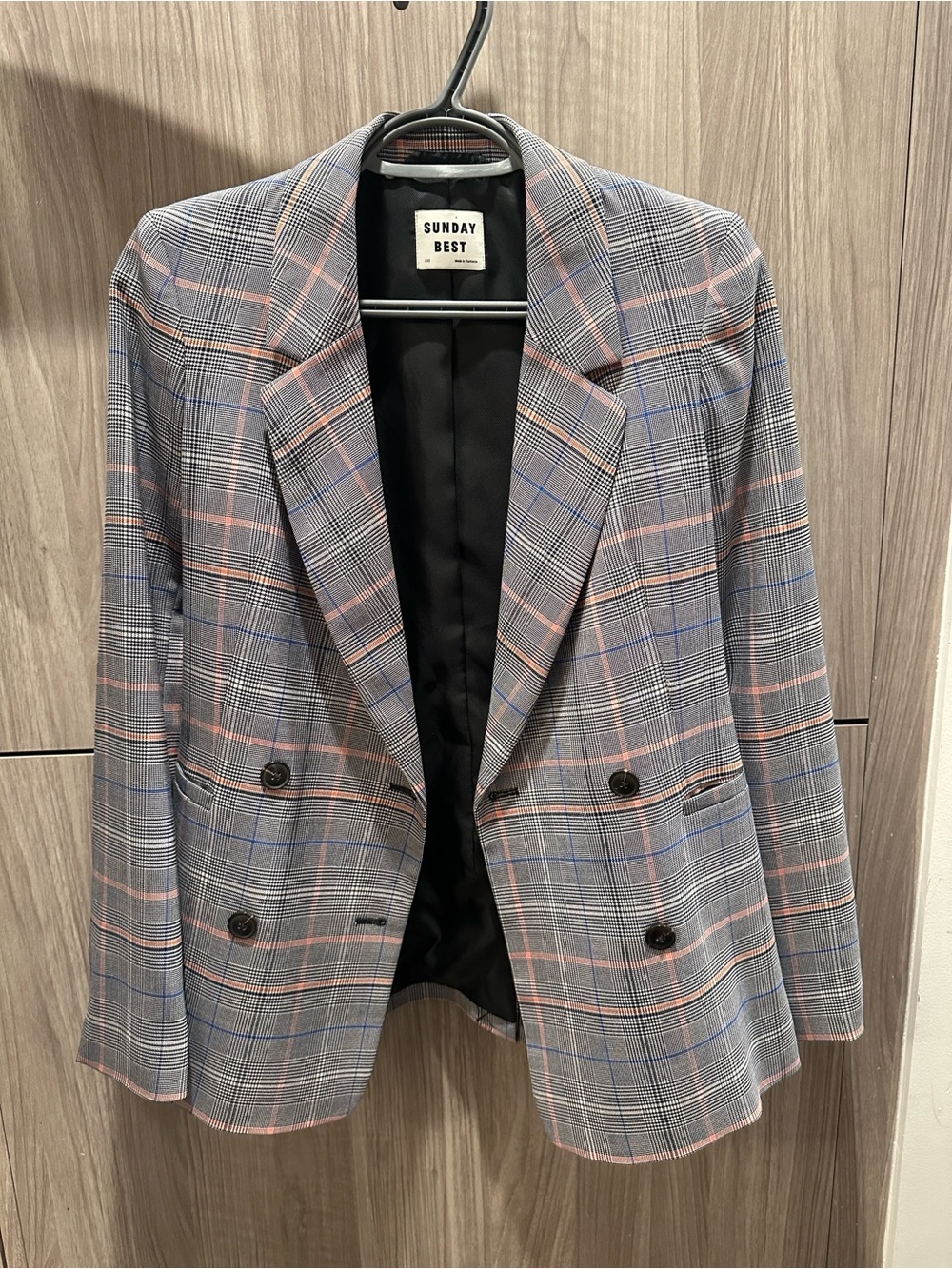 Aritzia Sunday Best GALT Double Breasted Plaid Heather Grey/Pink Blazer Size XXS